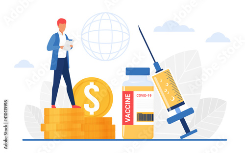 Vaccination price, pharmacy concept vector illustration. Cartoon man character standing on stack of gold coins to make money selling or buying medical coronavirus vaccine treatment isolated on white