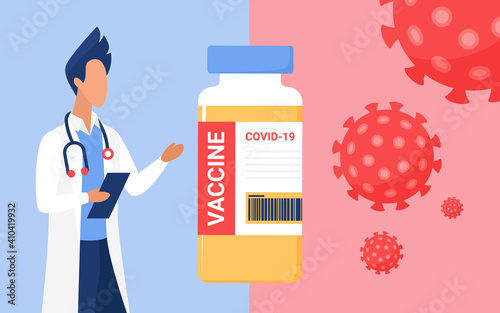 Doctor appointment, vaccination medicine healthcare concept vector illustration. Cartoon medical worker man character recommending immunization with vaccine in hospital, prevention measure background