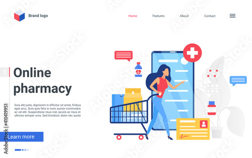Online pharmacy service, healthcare technology vector illustration. Cartoon woman customer patient character with shopping cart ordering drugs medicines, buying in apothecary pharma store landing page