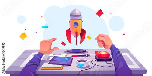 Startup success, launch business project. Vector cartoon illustration with workplace, man hand push on start button and rocket fly up. Management and development new digital product