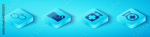 Set Isometric Stethoscope, Medicine bottle and pills, Hospital signboard and Hospital signboard icon. Vector.