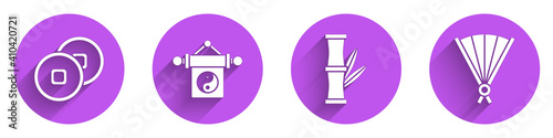 Set Chinese Yuan currency, Yin Yang, Bamboo and Paper chinese folding fan icon with long shadow. Vector.