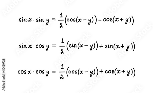 Trigonometric formulas for converting the product to the sum. Education, getting classes, school program Higher mathematics. Handwritten math text. Isolated.