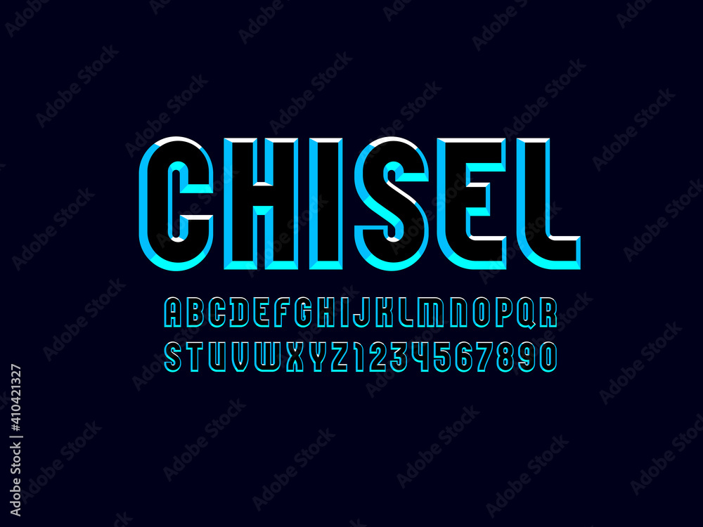 Blue facet font, colored alphabet from chiseled block, beveled Latin letters and Arab numbers, vector illustration 10EPS