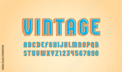 Vintage trendy alphabet, colored 3d modern font, letters and numbers, vector illustration 10EPS