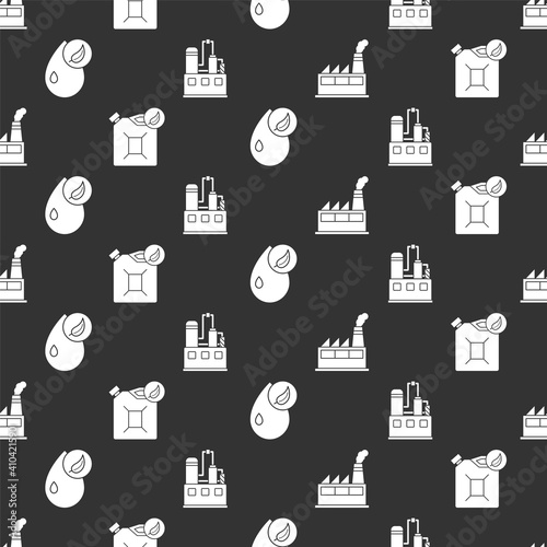 Set Oil industrial factory building, Bio fuel canister, Bio fuel and Oil industrial factory building on seamless pattern. Vector.