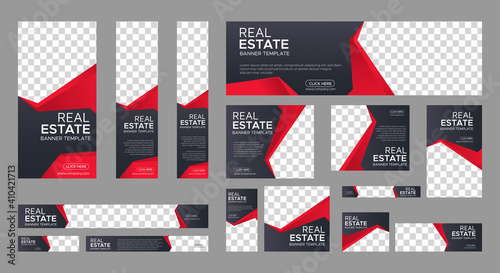 Real Estate web banner design template Set. Vertical, Horizontal and Square banners with standard size and place for photos. Vector design EPS	