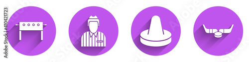 Set Hockey table, Hockey judge, referee, arbiter, Mallet for playing air hockey and Ice hockey sticks and puck icon with long shadow. Vector.