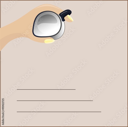 The hand holds the milkman. Beige background with place for text. Banner for advertising dairy products of cafe-restaurants. Menu. Vector EPS 10.