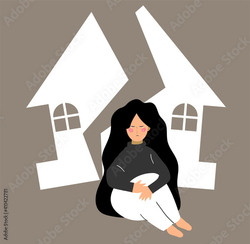 Divorce consequences on children. Poor sad orphan girl. homeless and domestic abuse concept. daughter without home. young child crying and sitting in front of her house. Flat vector illustration. 