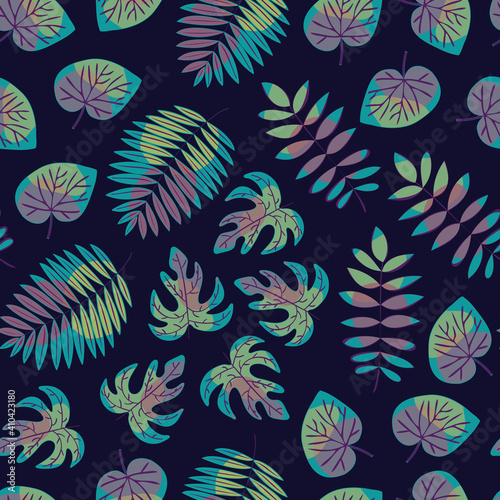 Vector Leaves in Green Purple Turquoise Scattered on Navy Blue Background. Seamless Repeat Pattern. Background for textiles, cards, manufacturing, wallpapers, print, gift wrap and scrapbooking.