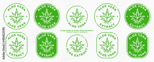 Stamps for packaging of cosmetic products. The label is aloe vera extract. Plant icon with flowing ingredient line. Vector set.