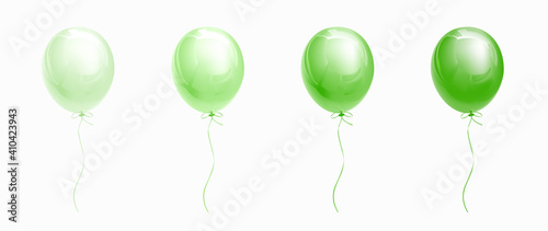 Green glossy helium balloons isolated on white. Set of ballons of different saturation. Decorations for holiday, birthday, anniversary, celebration