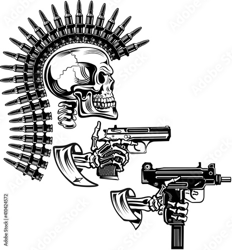 Skeleton with guns cartridges and pistols