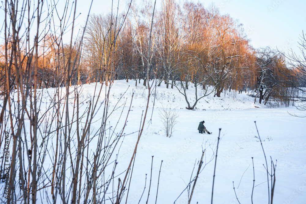 Beautiful park in winter at sunset. There is a lot of snow and bare trees. Beautiful park in winter at sunset. There is a lot of snow and bare trees.