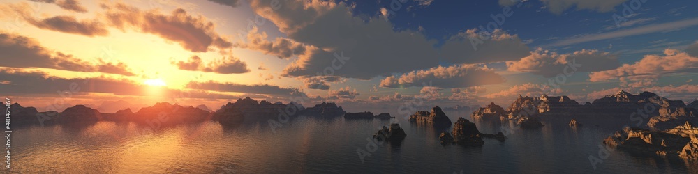 Archipelago of rocky islands at sunset, bay in the sun at sunrise, rocks in the sea, seascape