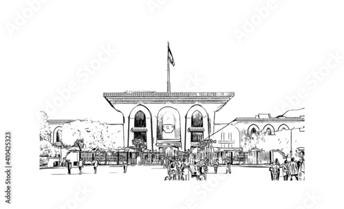 Building view with landmark of Muscat is the
capital of Oman. Hand drawn sketch illustration in vector.