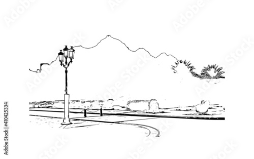 Building view with landmark of Muscat is the
capital of Oman. Hand drawn sketch illustration in vector.