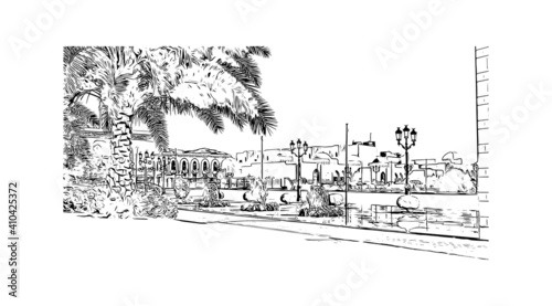 Building view with landmark of Muscat is the
capital of Oman. Hand drawn sketch illustration in vector.