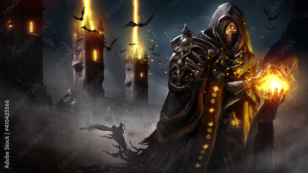 Naklejka premium The sinister skeleton lich forms a sphere of fire in his hands, his eyes glowing with magic, he is wearing a ragged cloak and armor, and behind him, the magic towers fire a volley into the night sky.
