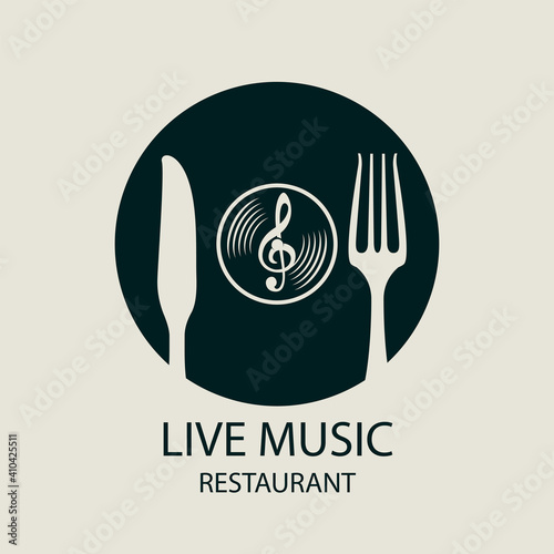 Vector menu or banner for live music restaurant decorated with treble clef, cutlery and old vinyl record in retro style on a light background.