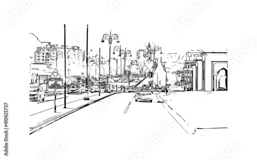 Building view with landmark of Muscat is the
capital of Oman. Hand drawn sketch illustration in vector.