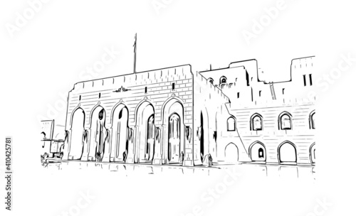 Building view with landmark of Muscat is the
capital of Oman. Hand drawn sketch illustration in vector.