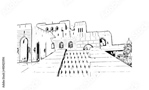 Building view with landmark of Muscat is the
capital of Oman. Hand drawn sketch illustration in vector.