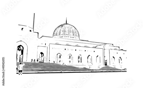 Building view with landmark of Muscat is the
capital of Oman. Hand drawn sketch illustration in vector.