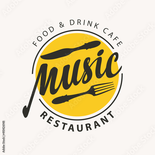 Vector menu or banner for music restaurant or cafe with black fork, knife and inscriptions written on a circle in retro style on a light background. Suitable for logo, flyer, design element