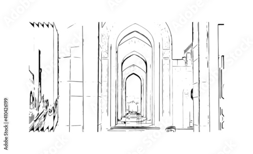 Building view with landmark of Muscat is the
capital of Oman. Hand drawn sketch illustration in vector.