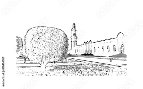 Building view with landmark of Muscat is the
capital of Oman. Hand drawn sketch illustration in vector.