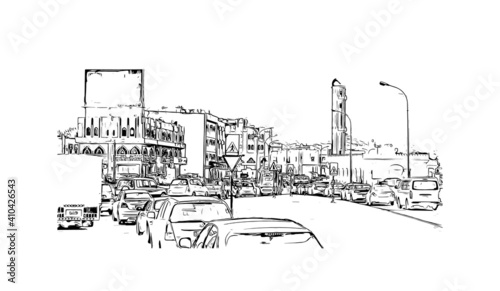 Building view with landmark of Muscat is the
capital of Oman. Hand drawn sketch illustration in vector.