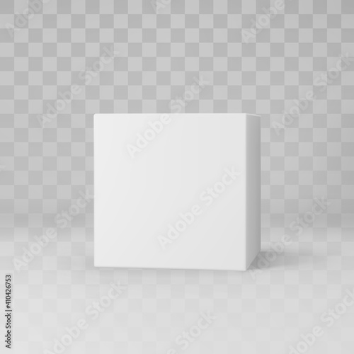 White 3d cube with perspective isolated on transparent background. 3d modeling box with lighting and shadow. Realistic vector icon