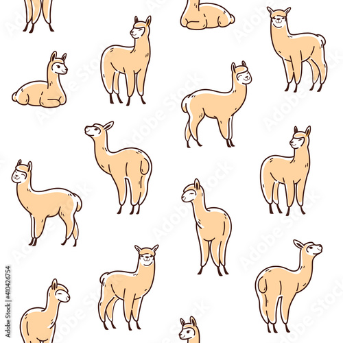 Seamless trendy pattern with style cartoon alpaca.