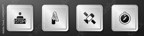 Set Stop war, Cocktail molotov, Satellite and Compass icon. Silver square button. Vector.