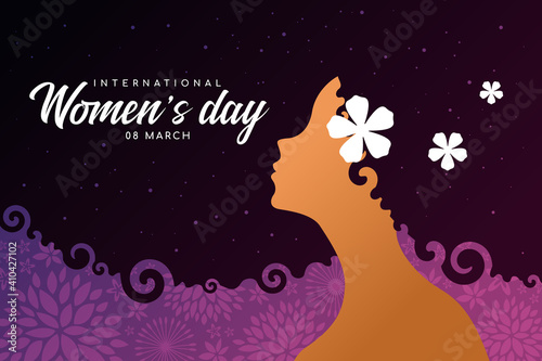 International women's day banner - woman Afro Hair with star space texture and Put a flower on the ear sign