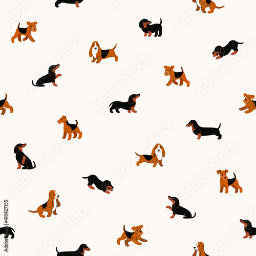 Simple seamless trendy animal pattern with different breeds of dogs. Dachshund, Basset hound, Lakeland Terrier. Cartoon vector illustration.