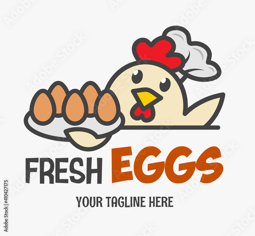 Fresh chicken eggs logo. Funny chicken wearing a chef's hat serves eggs on a tray. Design for print, emblem, t-shirt, party decoration, sticker, logotype.