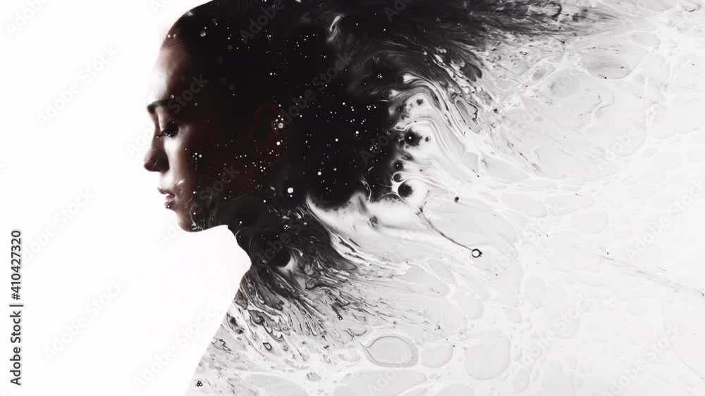 Double exposure silhouette. Universe energy. Galaxy cosmos astrology. Dark contrast profile woman face outline with black ink splash flow animation isolated on white copy space background.