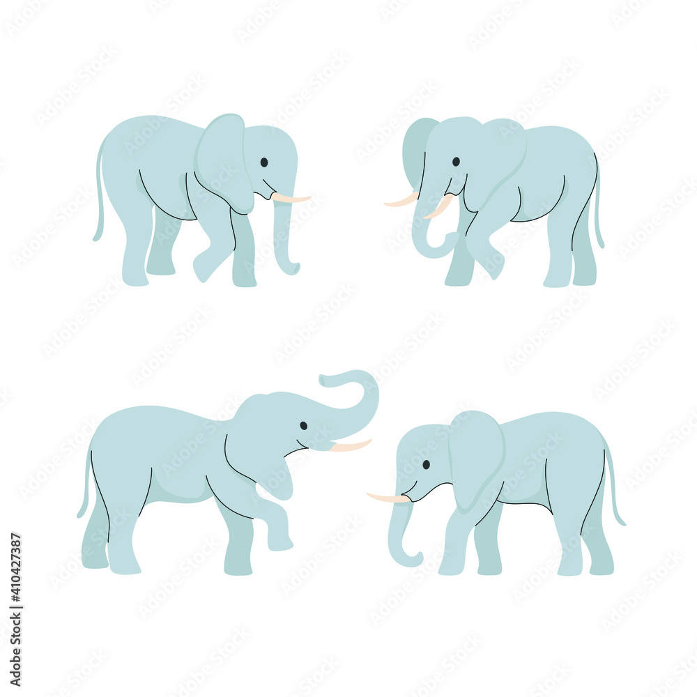 Fototapeta premium Cartoon animal icon set. Different poses of elephant. Vector illustration for prints, clothing, packaging, stickers.