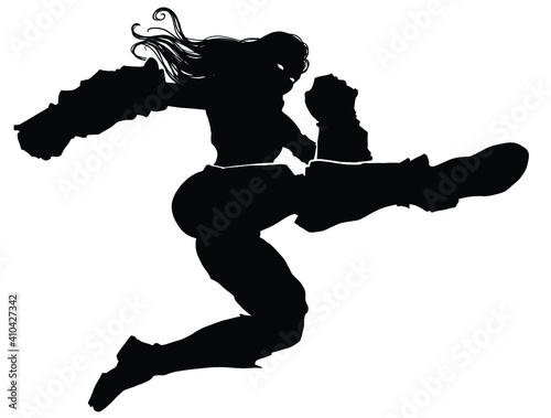 Black silhouette of a fighter girl, with huge robotic arms, she makes an epic kick in the jump. 2d illustration