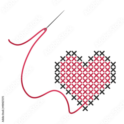Cross-stitch. Red with a gray heart, embroidered with a cross. Needle and thread. Cross-stitch and smooth embroidery. Vector illustration isolated on a white background for design and web.