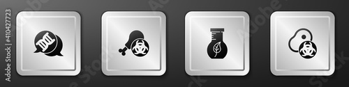 Set DNA symbol, Gmo research chicken, Test tube and flask and Genetically modified meat icon. Silver square button. Vector.