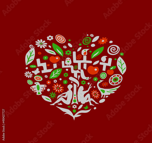 Valentine card. Valentine's day. Vector decorative illustration with Adam and Eve and the Garden of Eden.