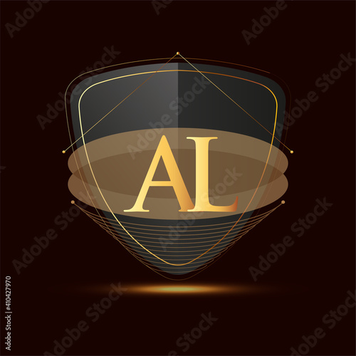 Initial logo letter AL with shield Icon golden color isolated on dark background, logotype design for company identity.