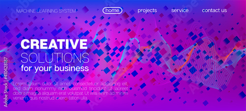 Flying Particles Distressed Purple Vector. Big Data Neon Background. 3D