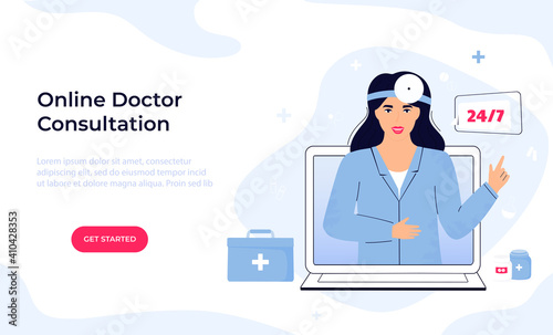 Woman otolaryngologist doctor with head reflector consults online by video call on laptop. Ent clinic. Telemedicine concept. Chat with a medical worker. Web page template