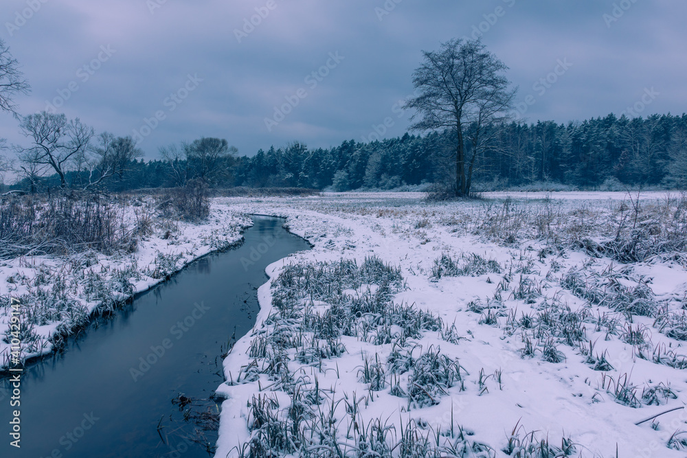 Mala River at winter in Chojnowski landscape park near Konstancin-Jeziorna, Masovia, Poland