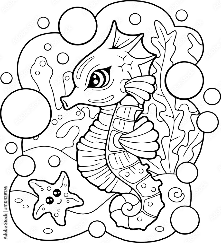 Fototapeta premium cartoon cute seahorse, coloring book, funny illustration